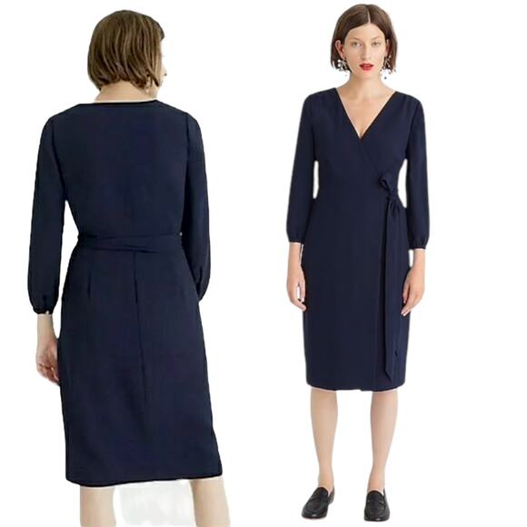 New $150 J CREW Wrap Dress 365 Crepe Knee Length Minimalist Office Career Blue 6 - Picture 2 of 11